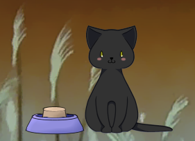 A screenshot of Nanika Atsume running. A cat stands beside a bowl of cat food.