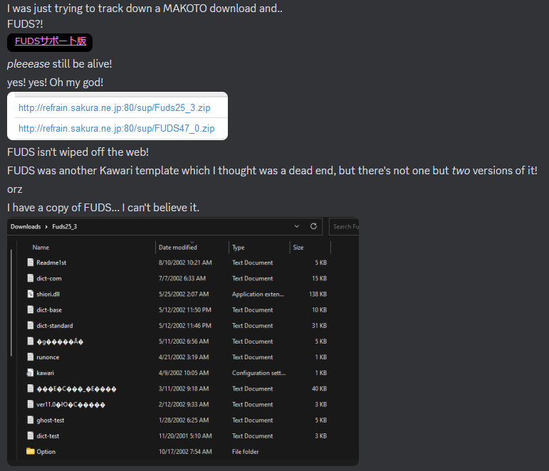 a screenshot of Discord featuring Okuajub freaking out about finding FUDS.